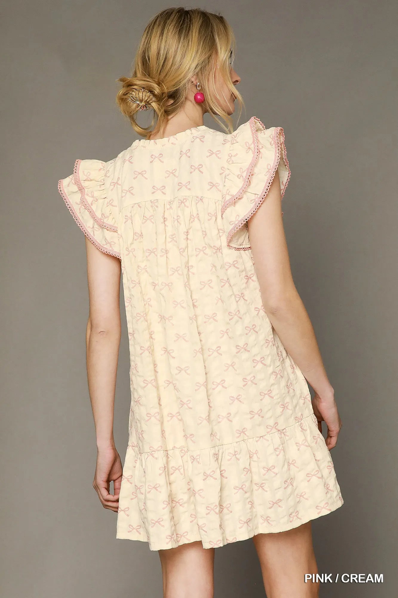 Umgee Bow Print Ruffled Cap Sleeve Mini Dress