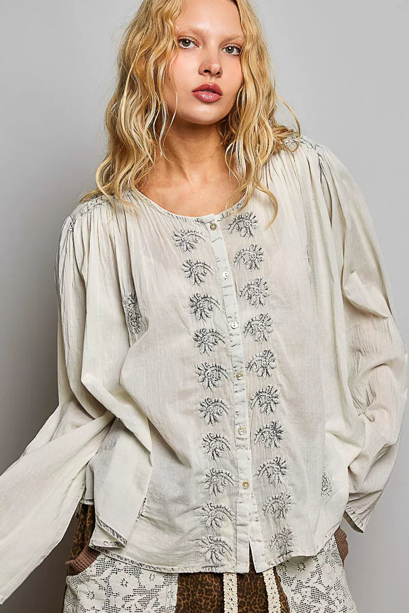 POL Embroidered Button Front Woven Shirt
