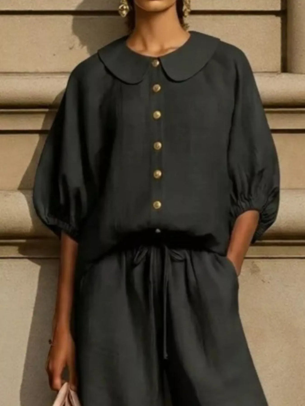 Full Size Button Down Half Sleeve Top and Pants Set Plus Size