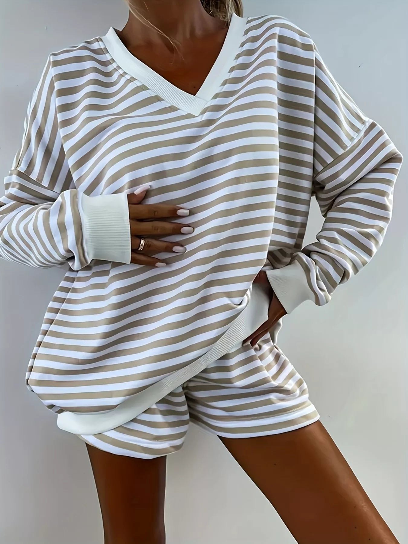 Striped V-Neck Top and Shorts Set