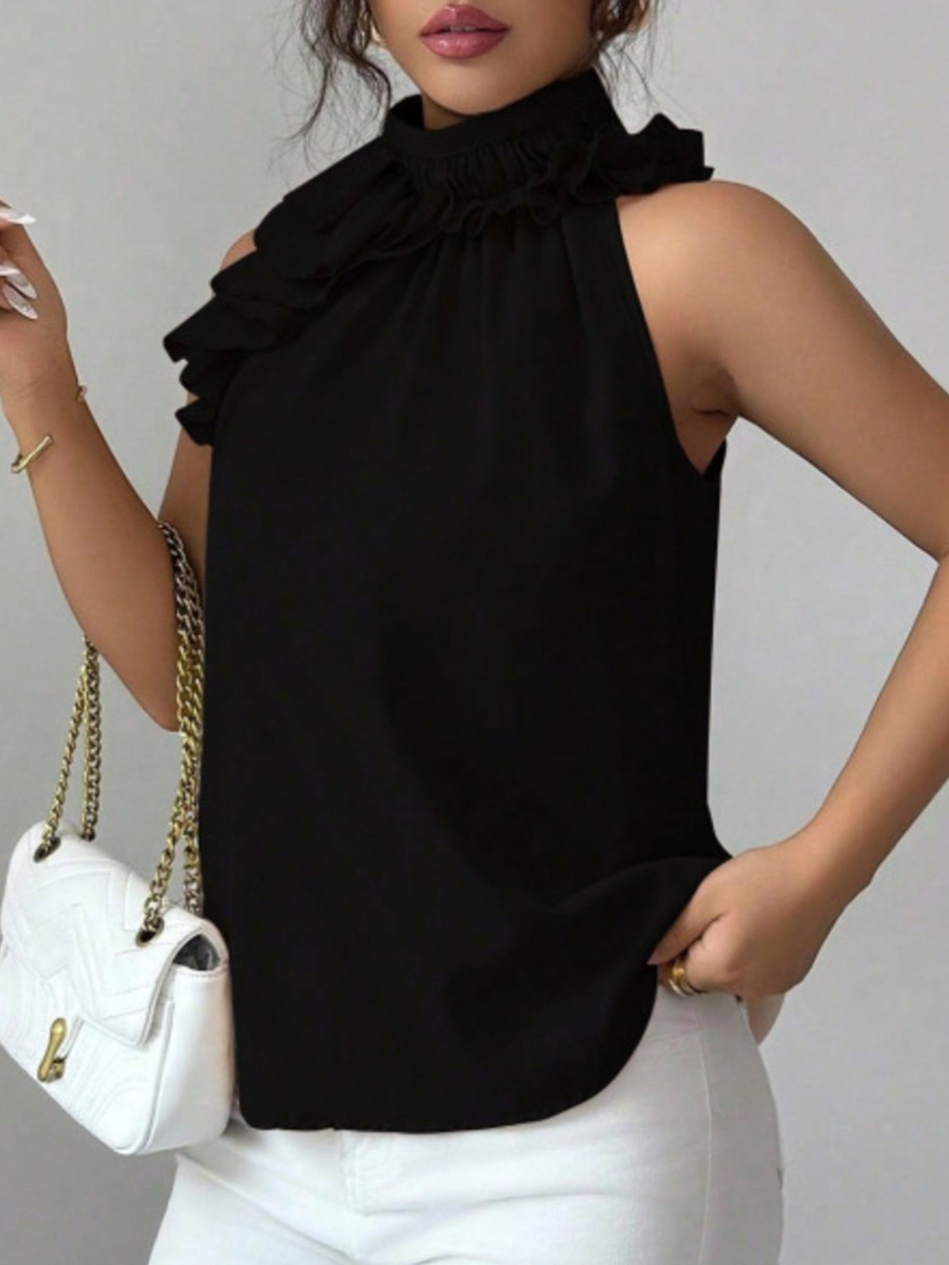 Ruffle High Neck Sleeveless Top