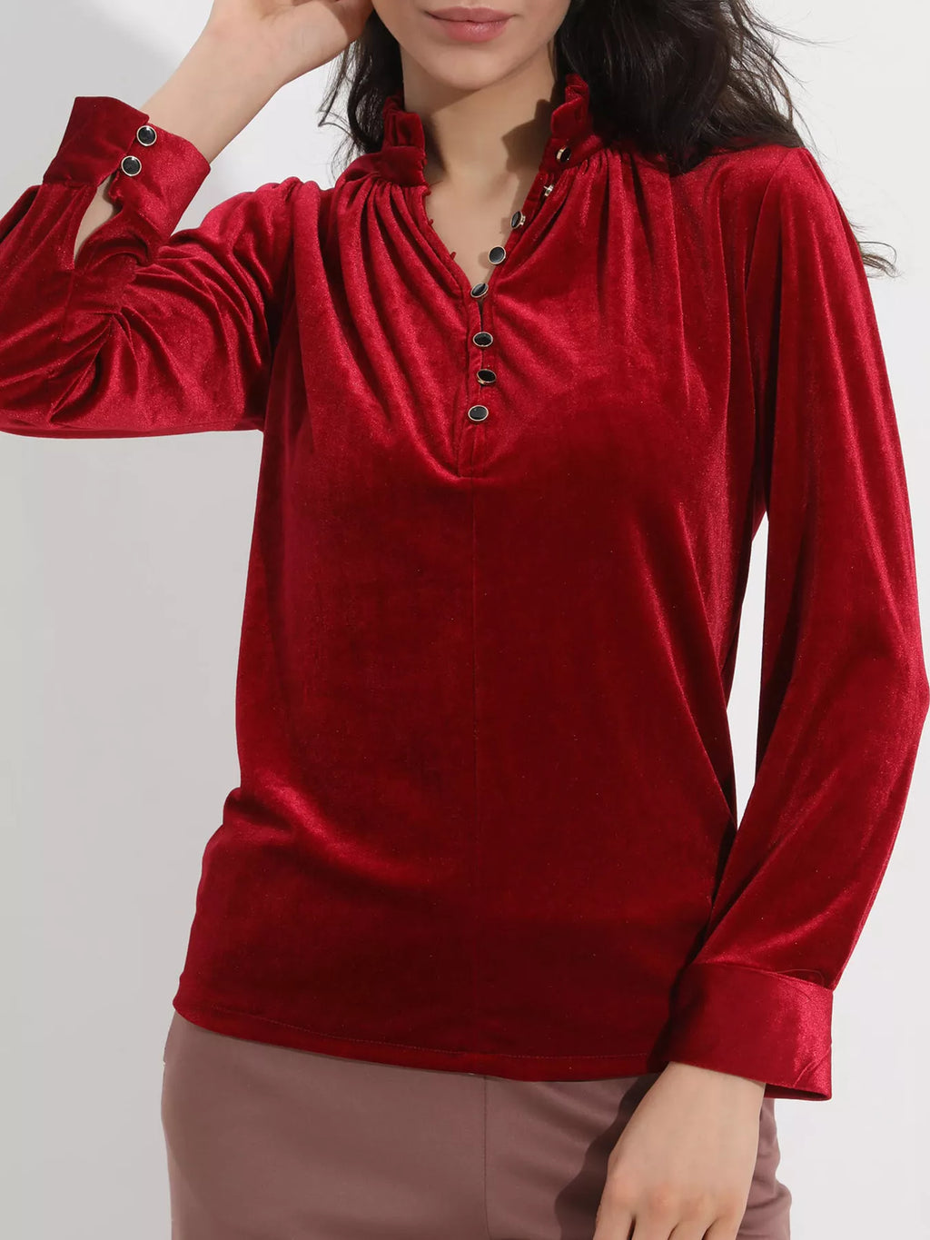 Elegant Velvet Ruffle Neck Blouse