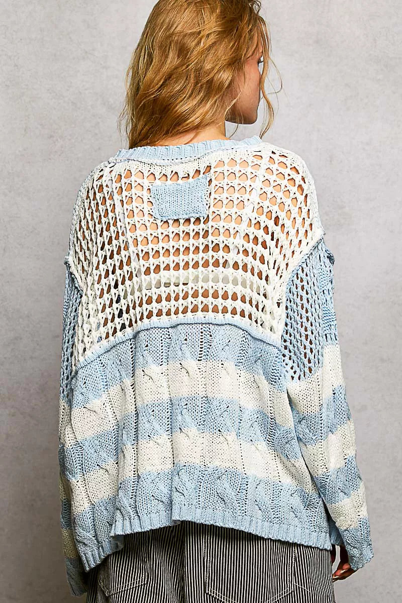 POL Color-Blocked Stripe Pattern Knit Top with Twisted Weave