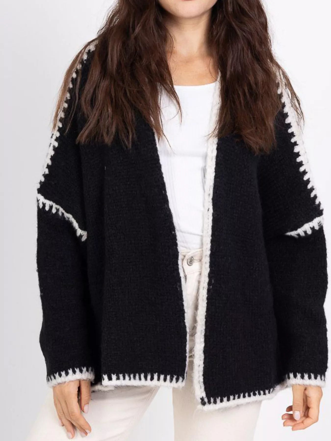 Contrast Trim Open Front Cardigan