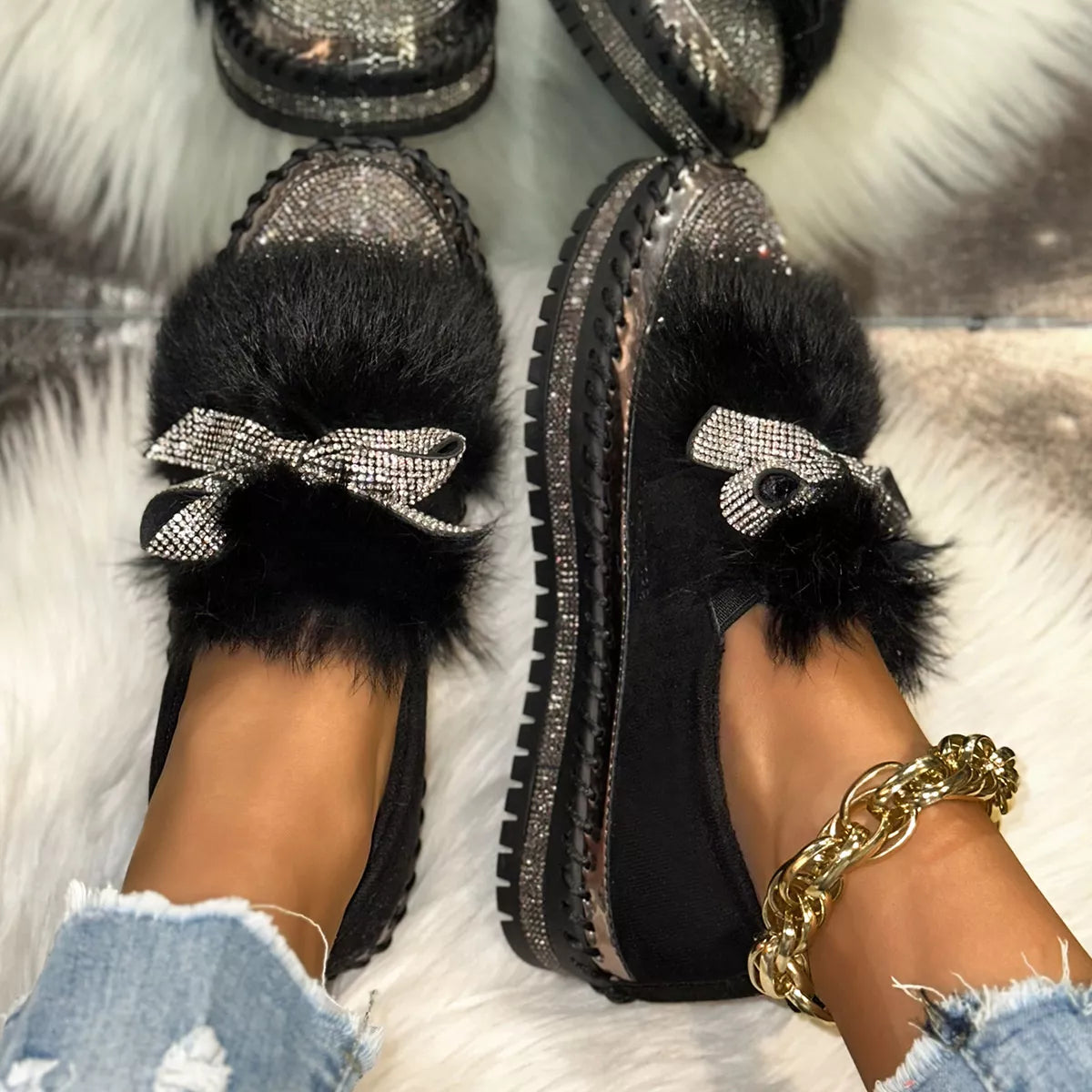 Fuzzy Bowknot Rhinestone Platform Loafers