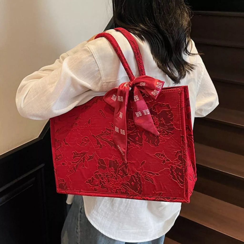 Floral Embossed Tote Handbag with Scarf Accent