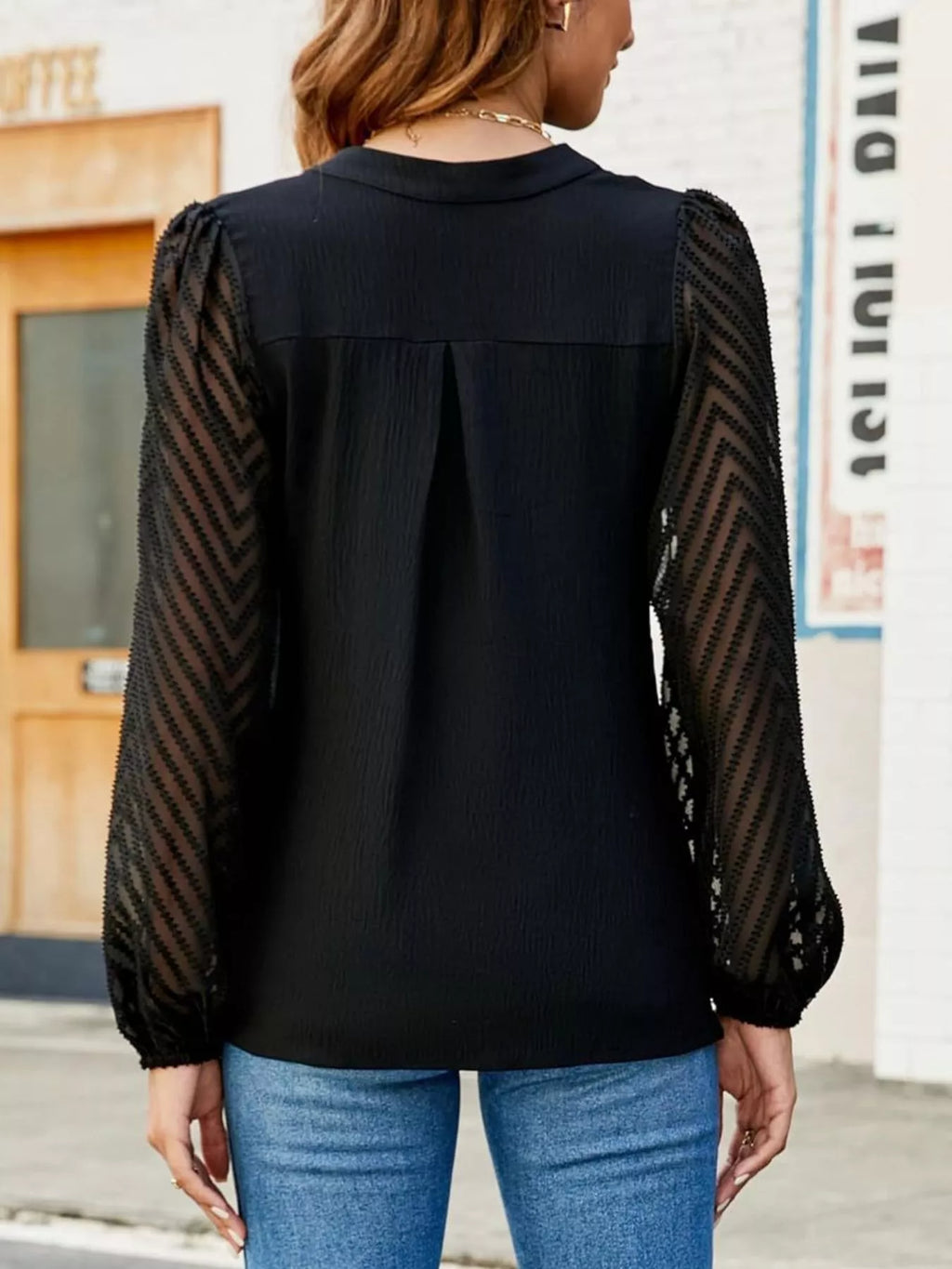 Notched Balloon Sleeve Blouse