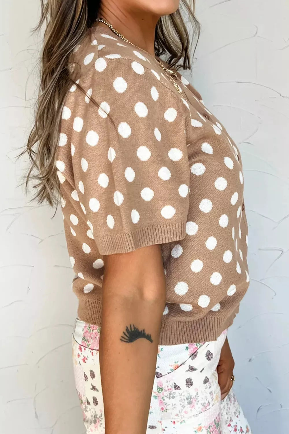 Polka Dot Short Sleeve Button Down Sweater Cardigan