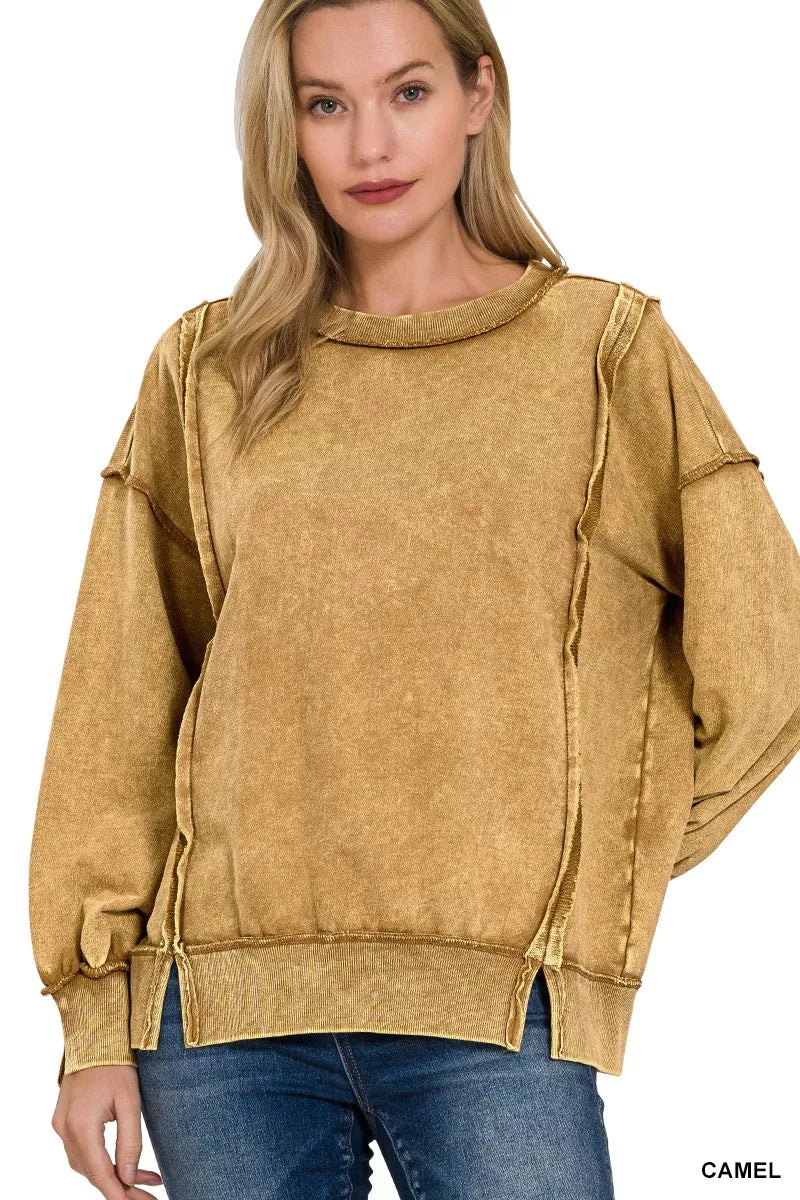 Zenana Acid Wash French Terry Exposed-Seam Sweatshirt