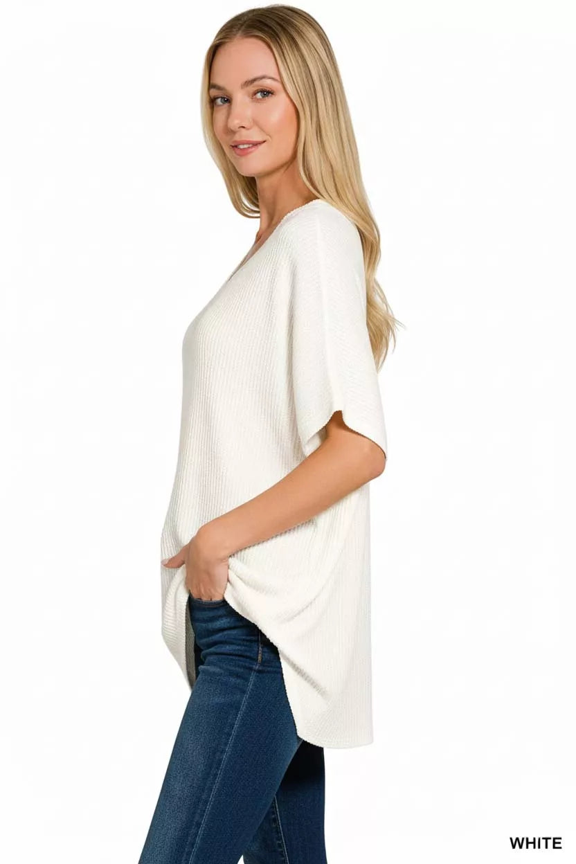 Zenana Raised Rib V-Neck Batwing Top