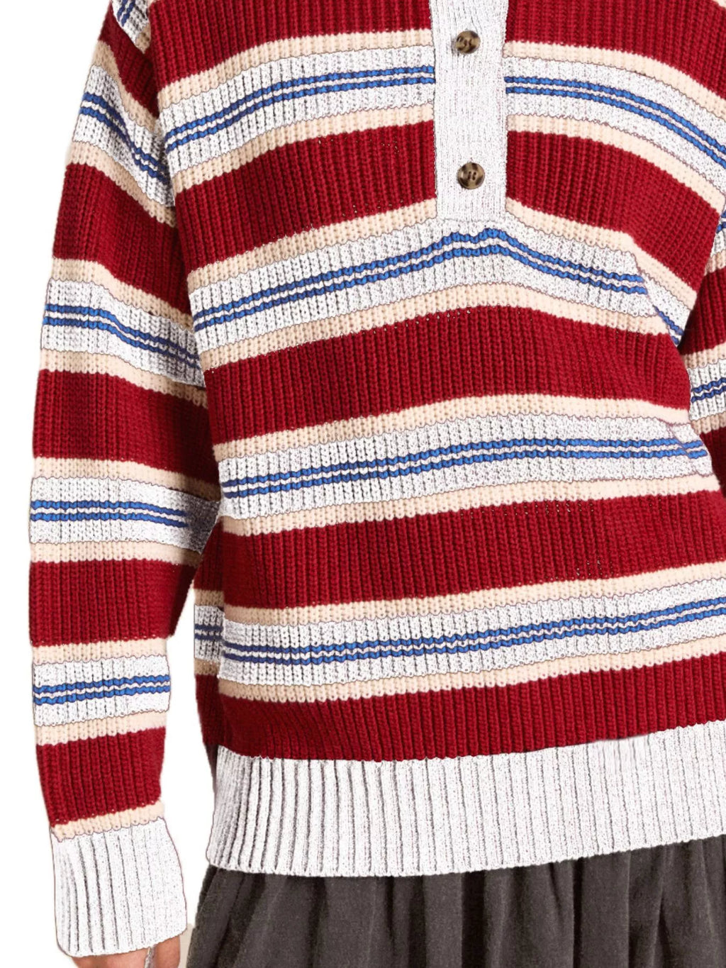 Striped Button Detail Polo Collar Sweater
