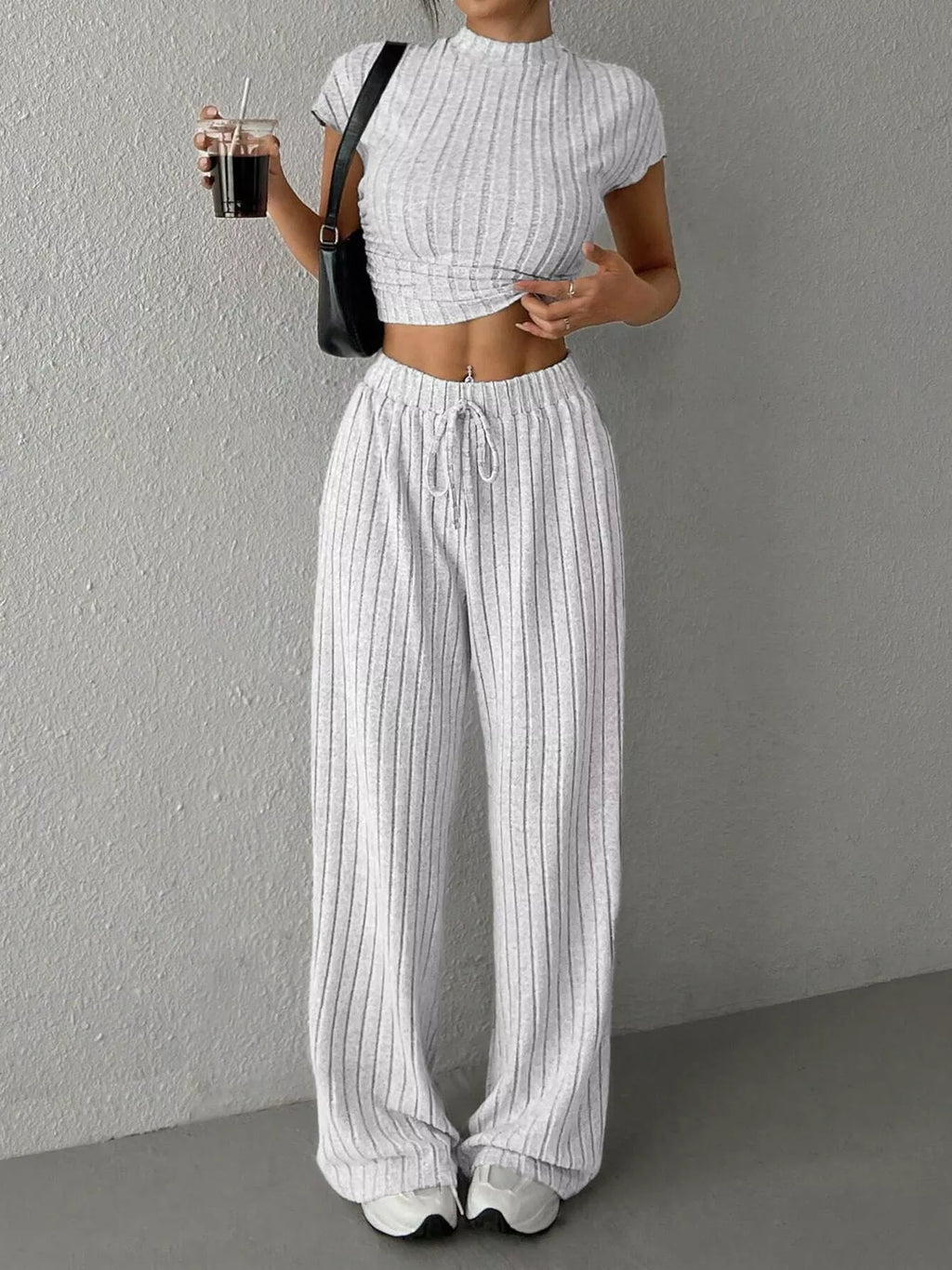 Ribbed Knit Top and Wide Leg Pants Set