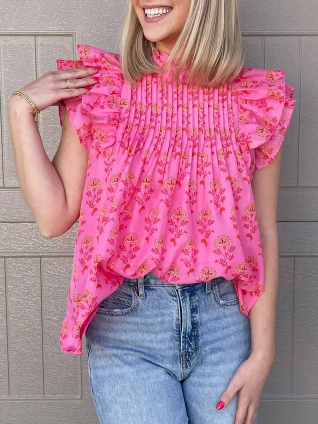 Floral Print Pleated Ruffled Flutter Sleeve Blouse