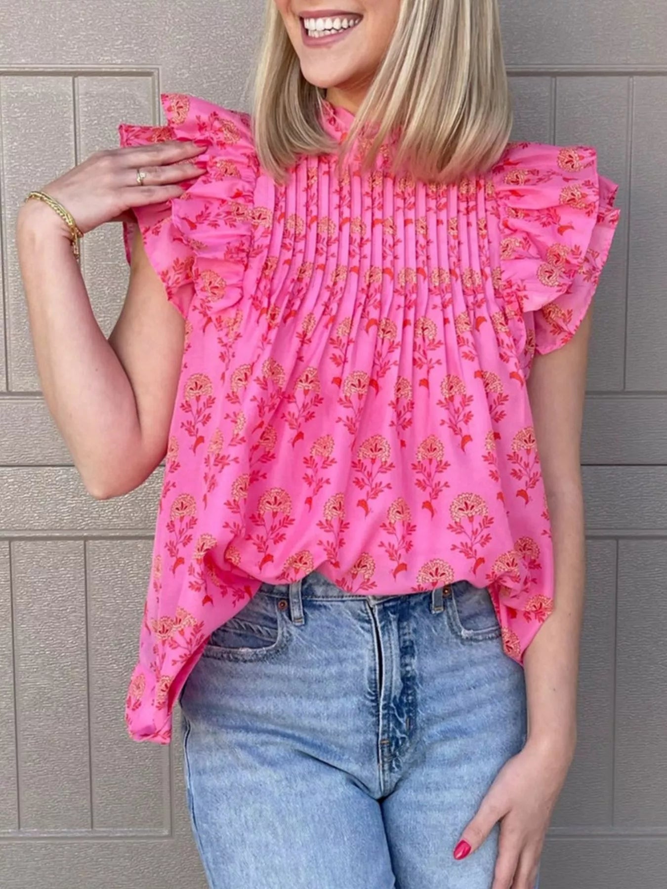 Floral Print Pleated Ruffled Flutter Sleeve Blouse