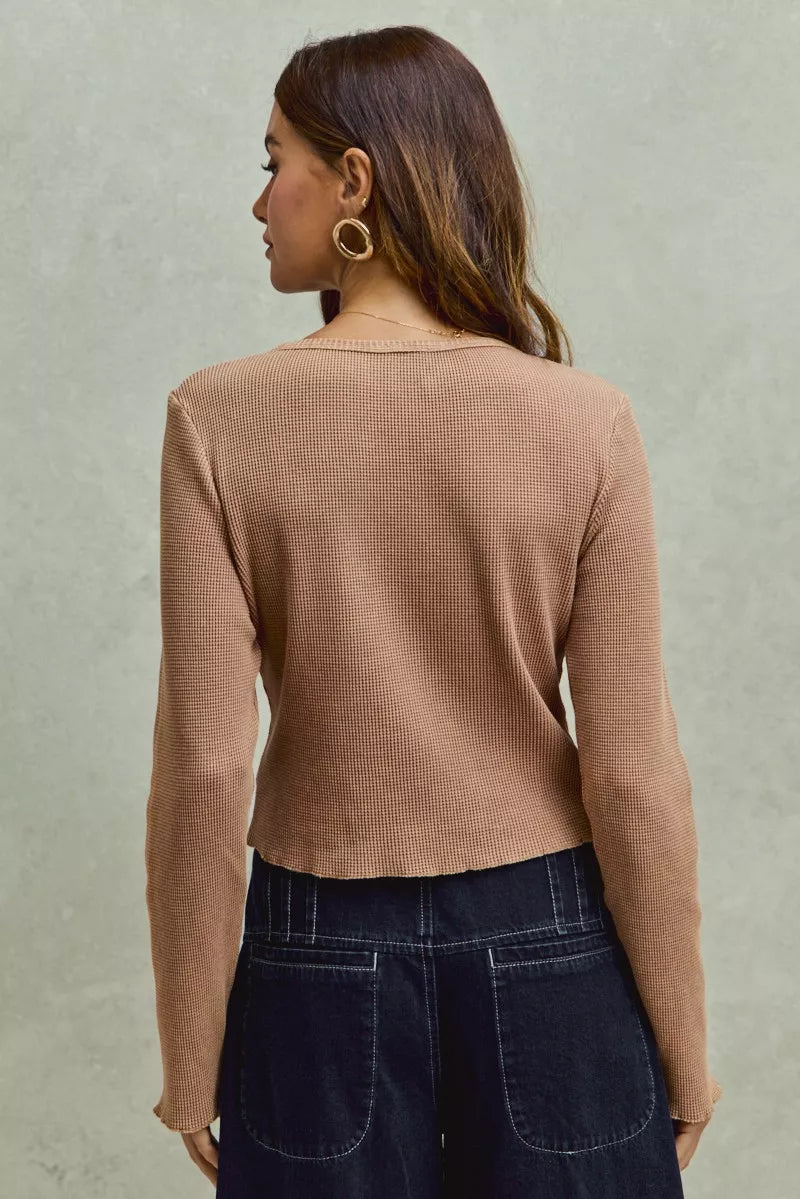SO ME Vintage Washed Lace Crop Thermal Washed Knit Top