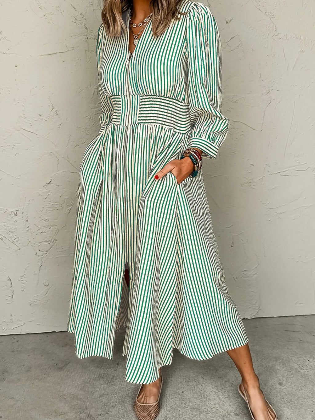 Stripe V Neck Zip Front Cinched High Waist Midi Dress