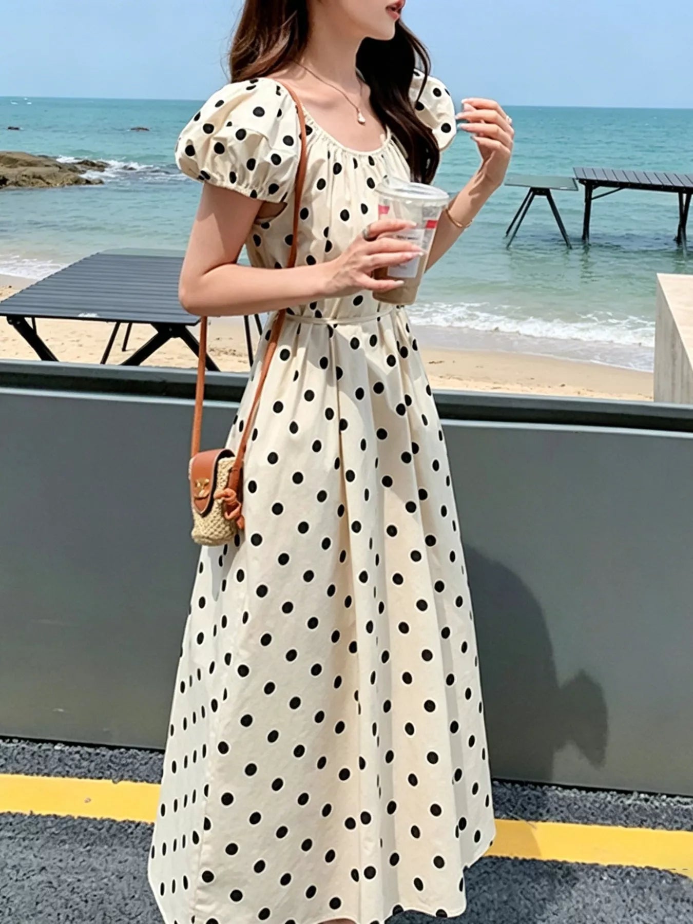 Polka Dot Puff Sleeve Midi Dress