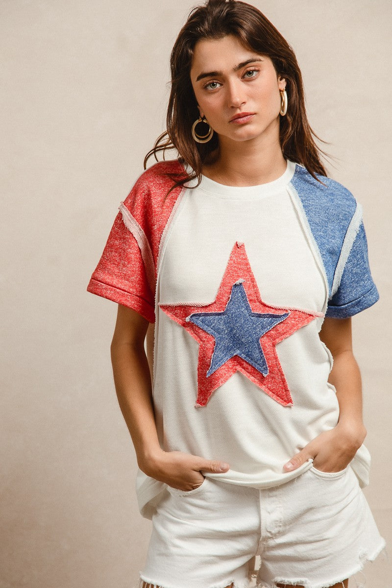 BiBi Contrast French Terry Cut Edge Detail Fourth Of July Theme T-Shirt