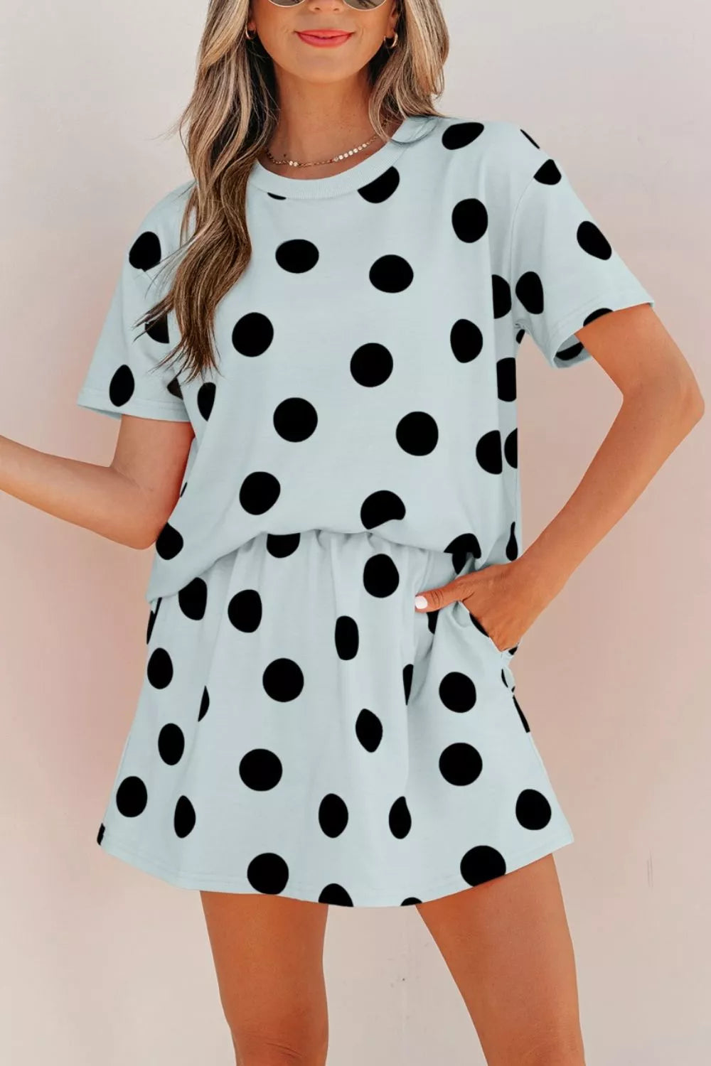 Polka Dot Short Sleeve Top Casual Skort 2pcs Outfit