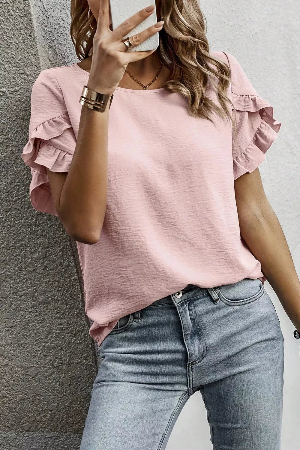 Solid Color Ruffle Trim Short Sleeve Blouse