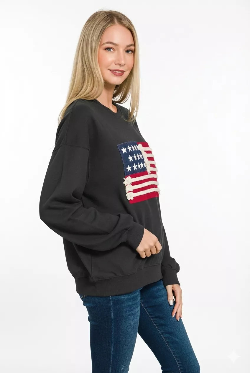 Zenana French Terry American Flag Pullover