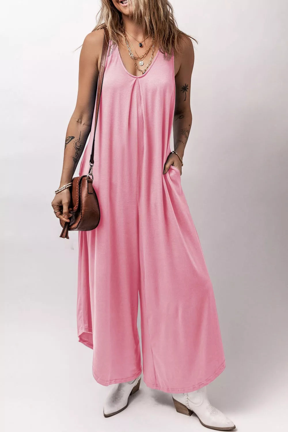 Sleeveless V Neck Pocketed Wide Leg Jumpsuit