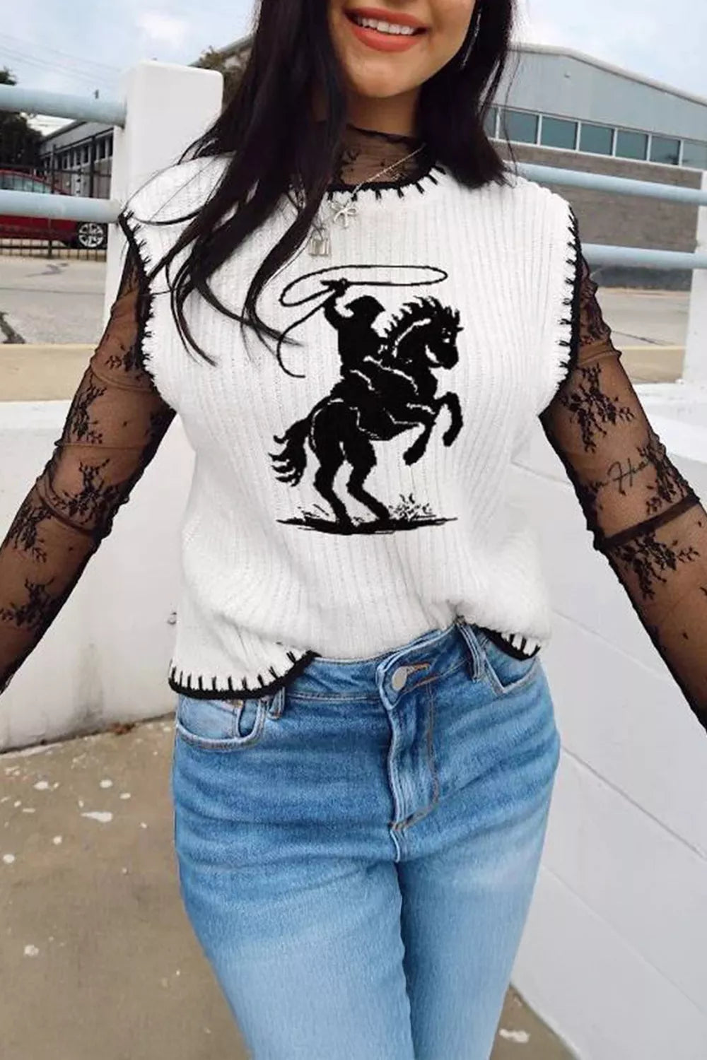Contrast Trim Round Neck Rodeo Cowboy Sweater Vest