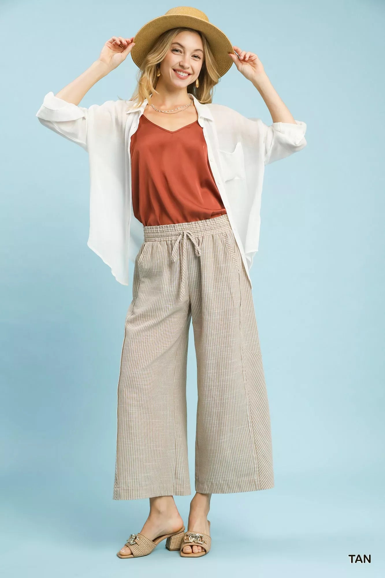 Umgee Linen Blend Striped Wide Leg Pants