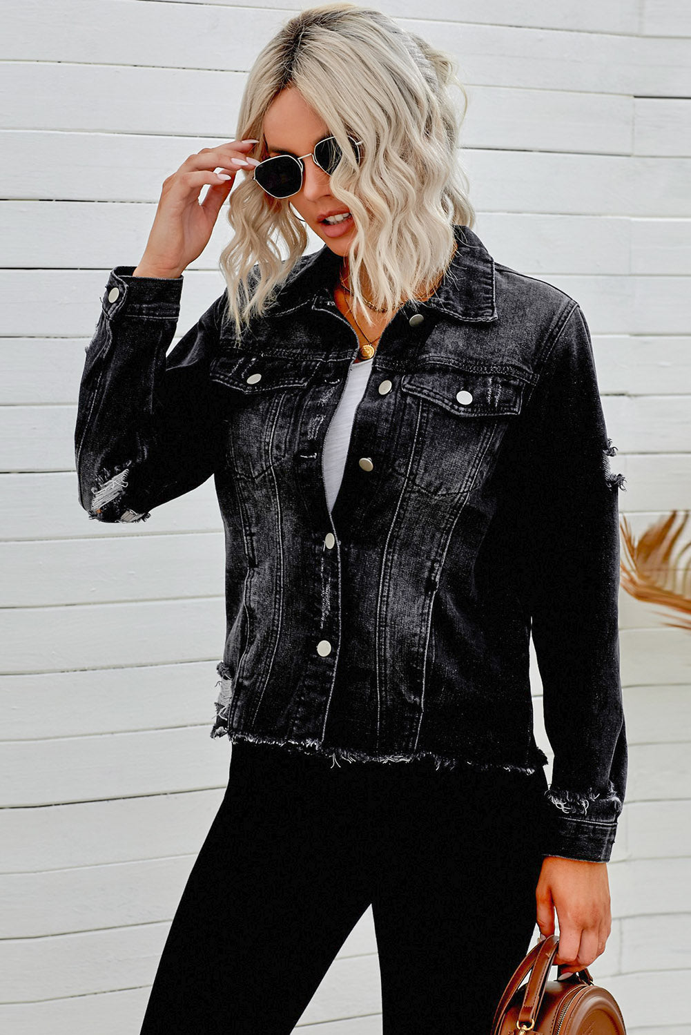 Distressed Raw Hem Buttons Denim Jacket