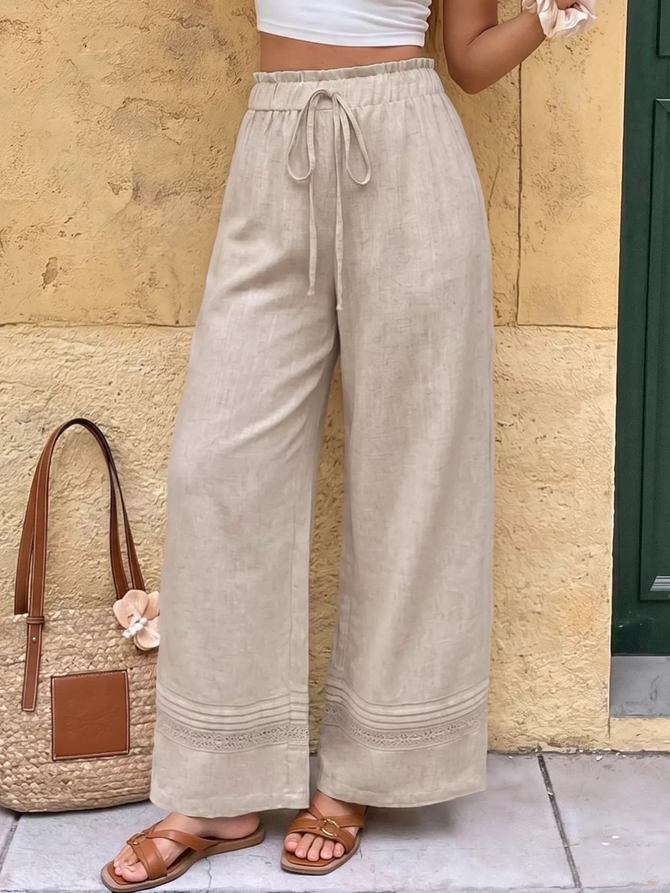 Casual Drawstring Wide Leg Pants