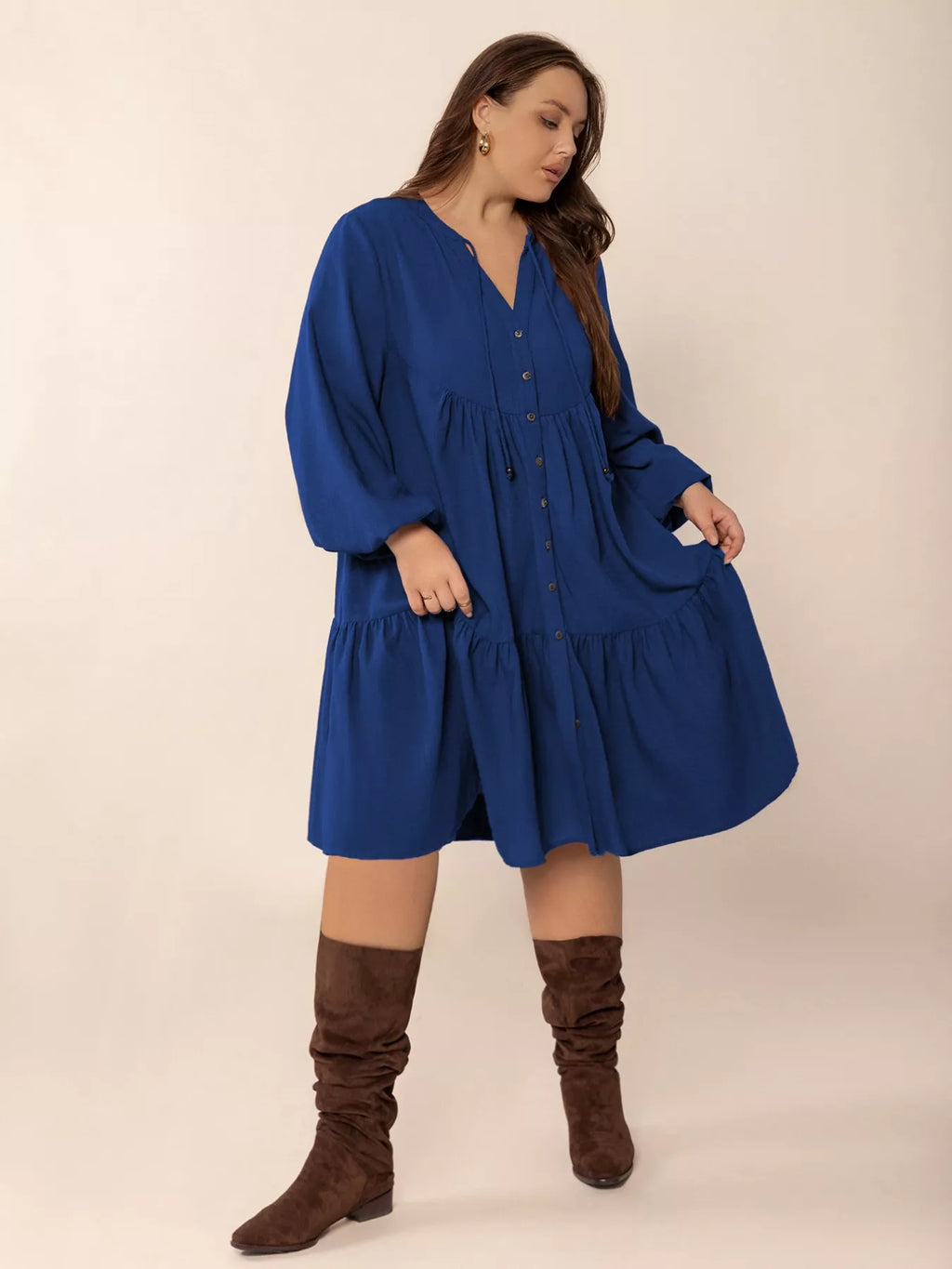 Plus Size Tie Neck Balloon Sleeve Dress