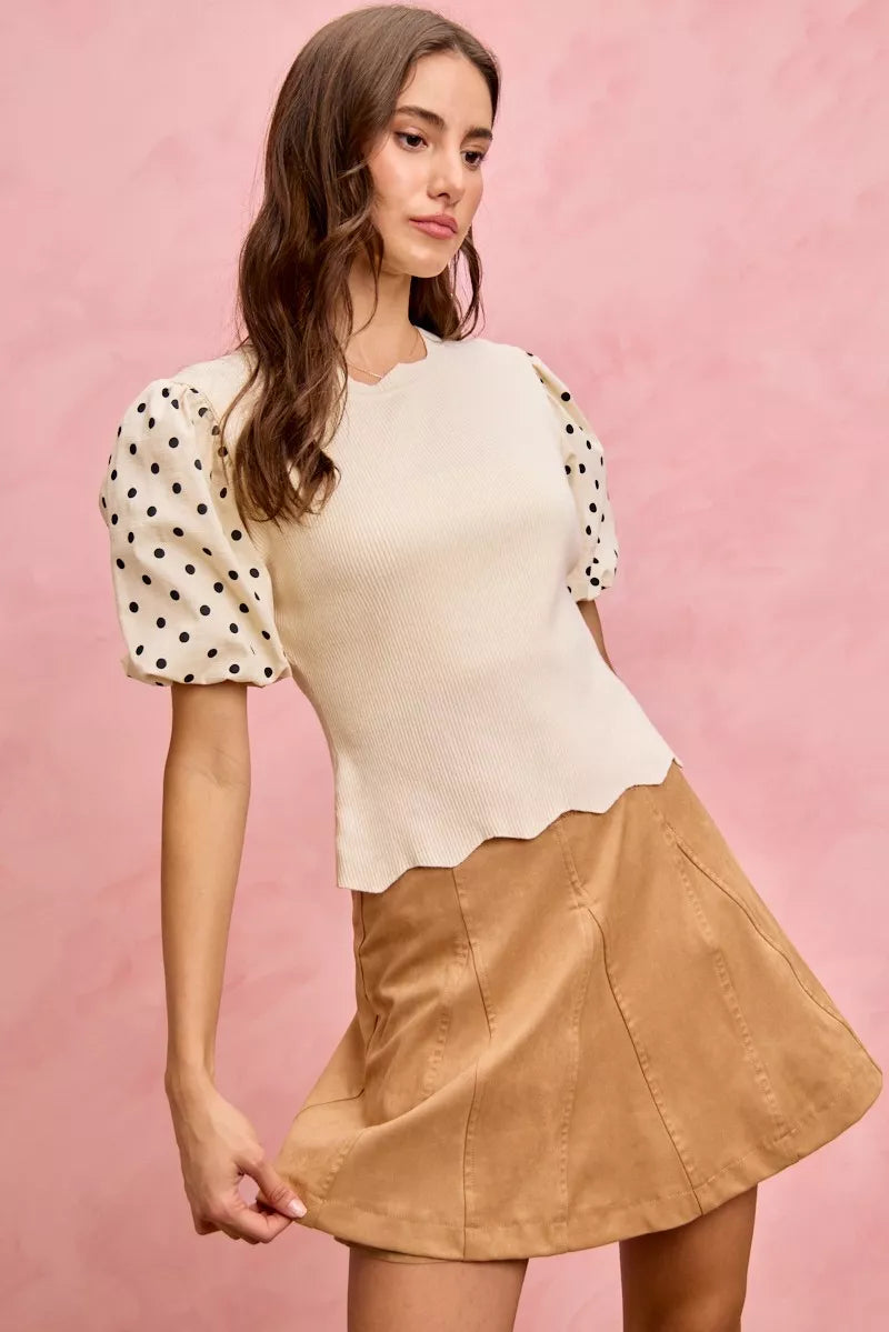 SO ME Polka Dot Contrast Woven Ballon Sleeve Blouse