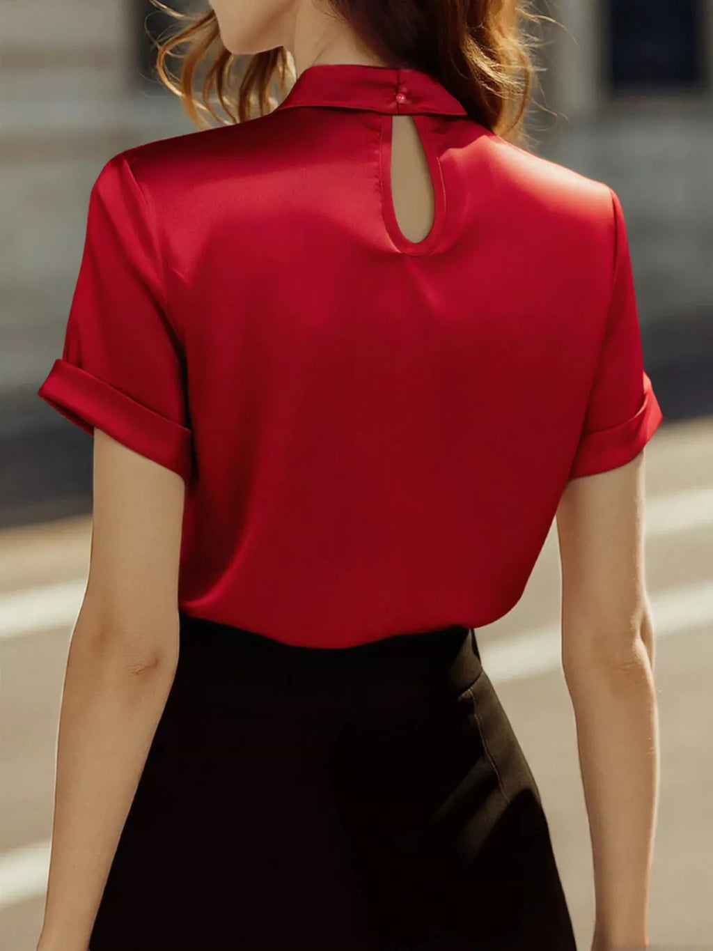 Satin Keyhole Short Sleeve Blouse