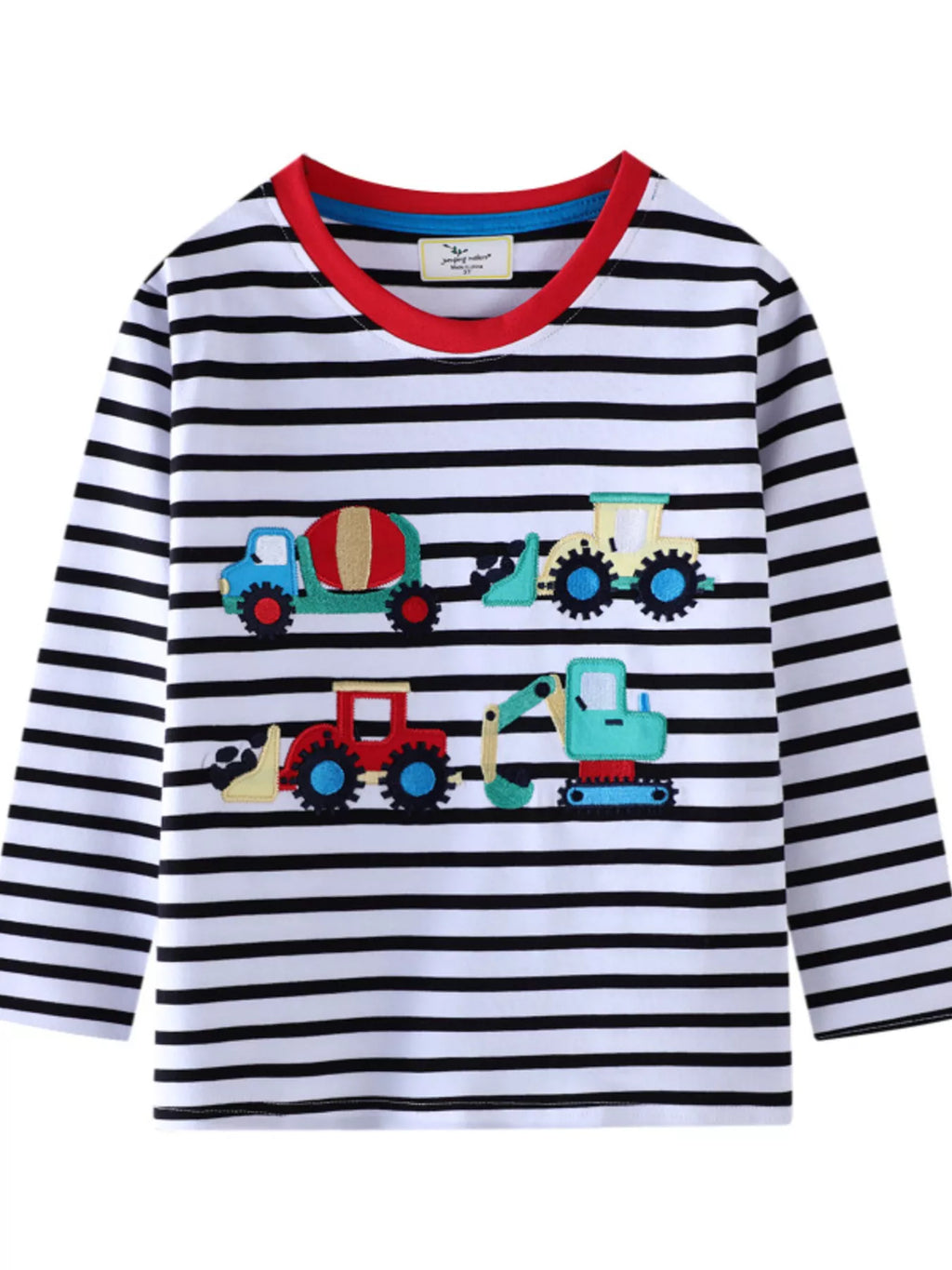 Children's Striped Long Sleeve T-Shirt with Construction Vehicle Appliques
