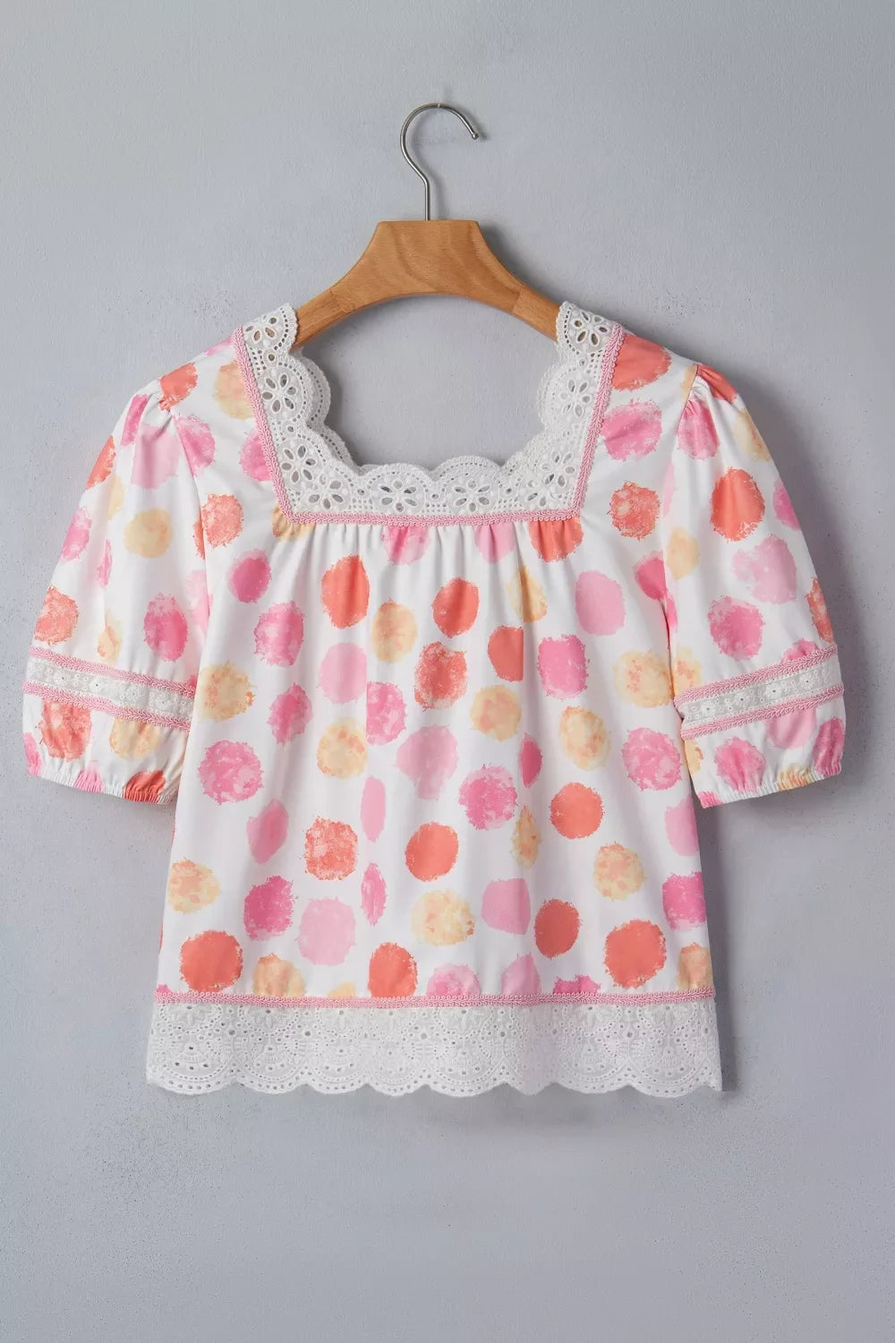 Polka Dot Lace Trim Square Neck Puff Sleeve Blouse