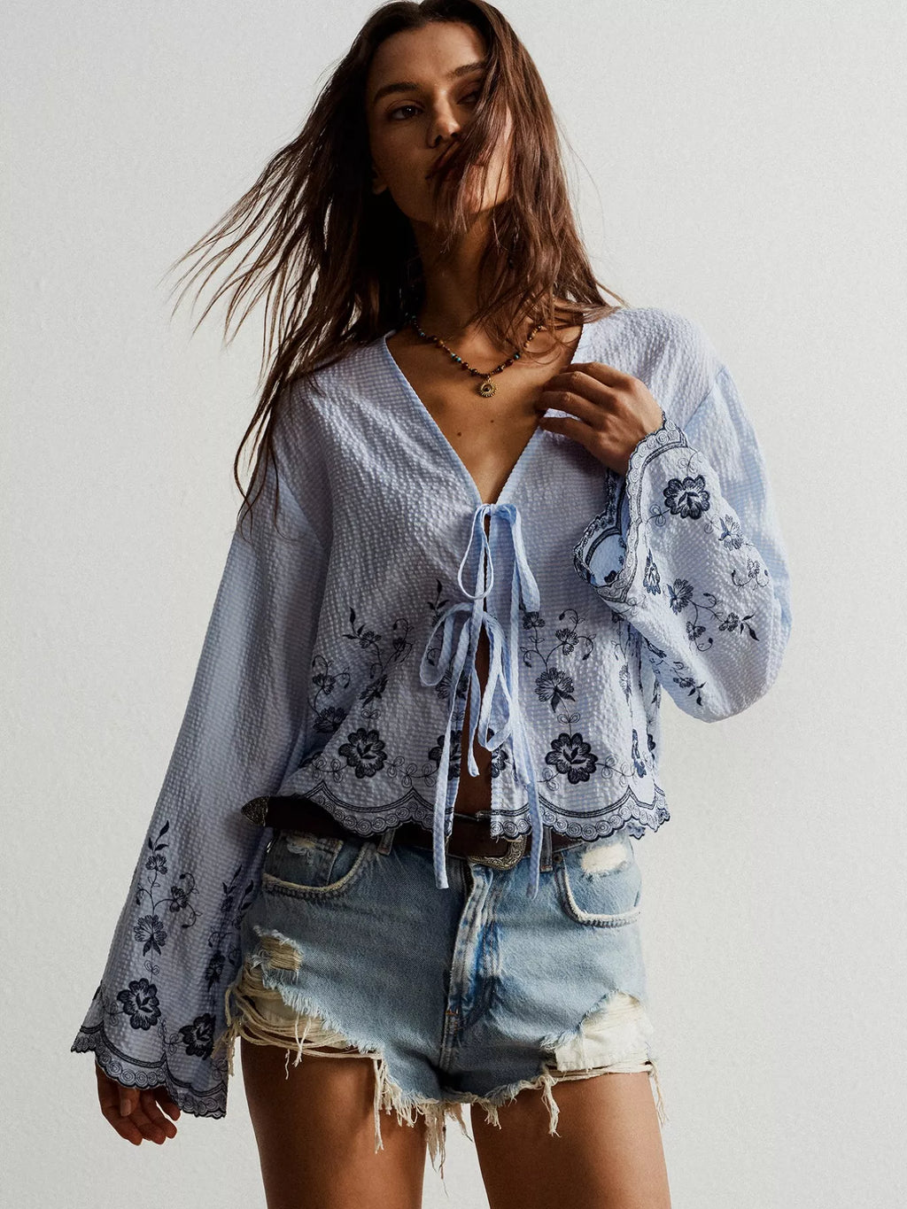 Floral Embroidered Tie-Front Blouse