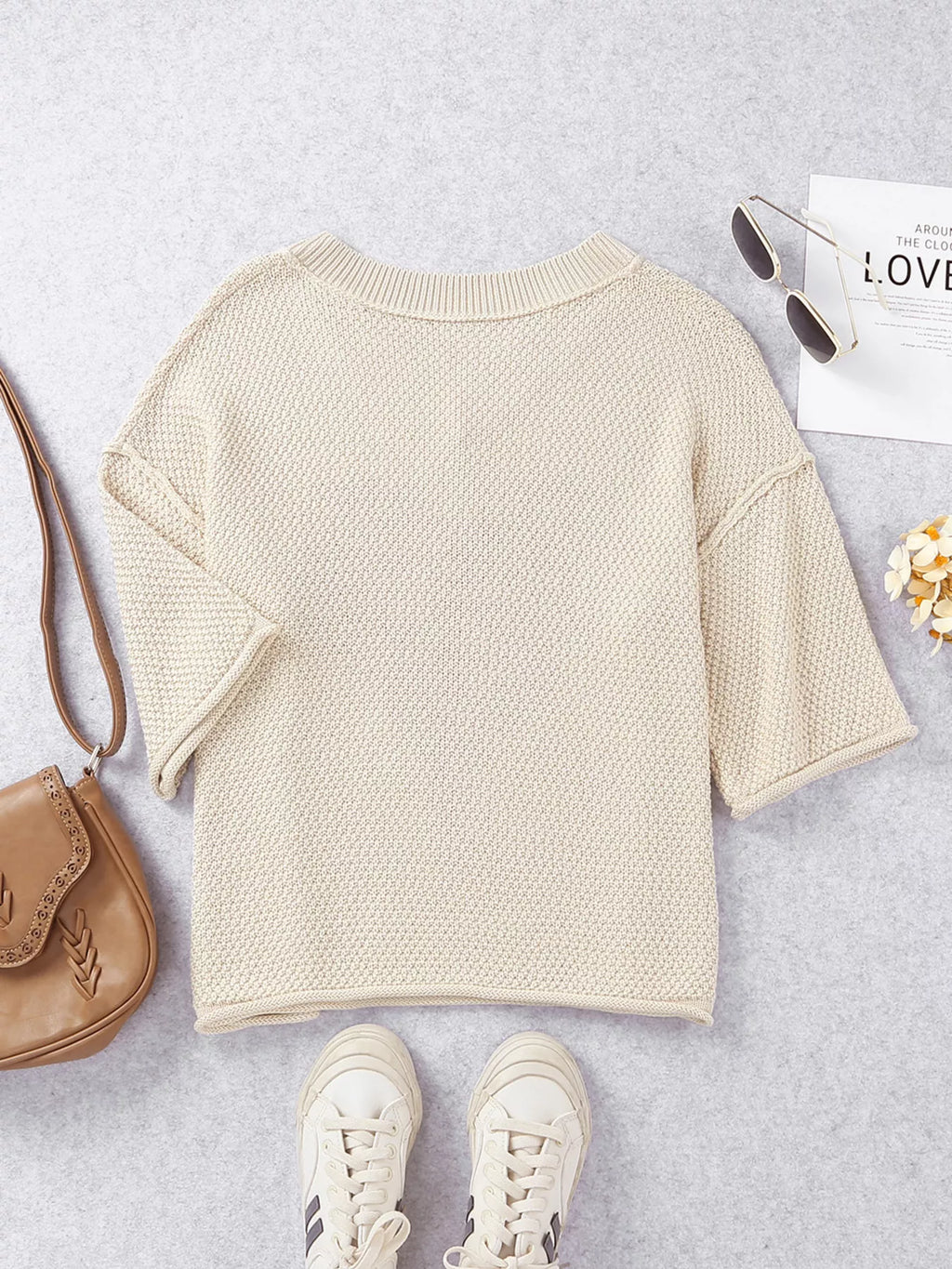 V-Neck Dropped Sleeve Heart Print Valentines Sweater