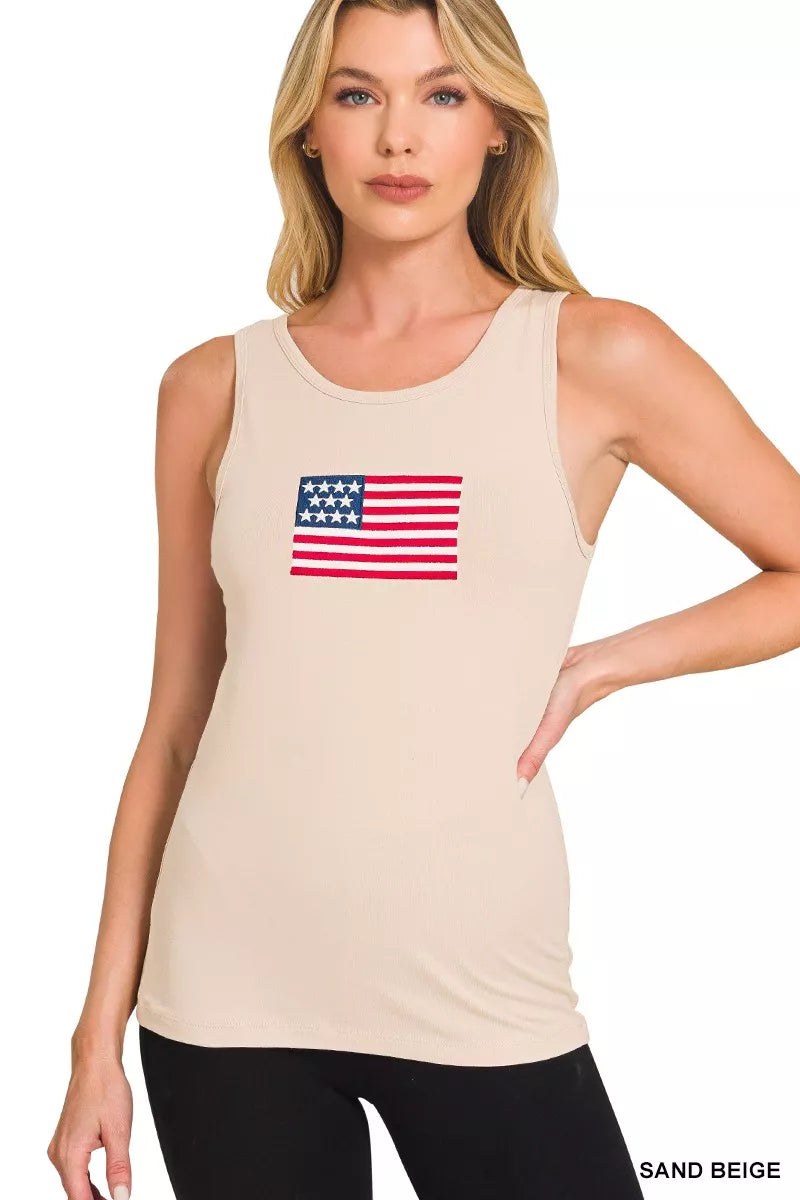 Zenana Double Scoop American Flag Embroidered Tank Top