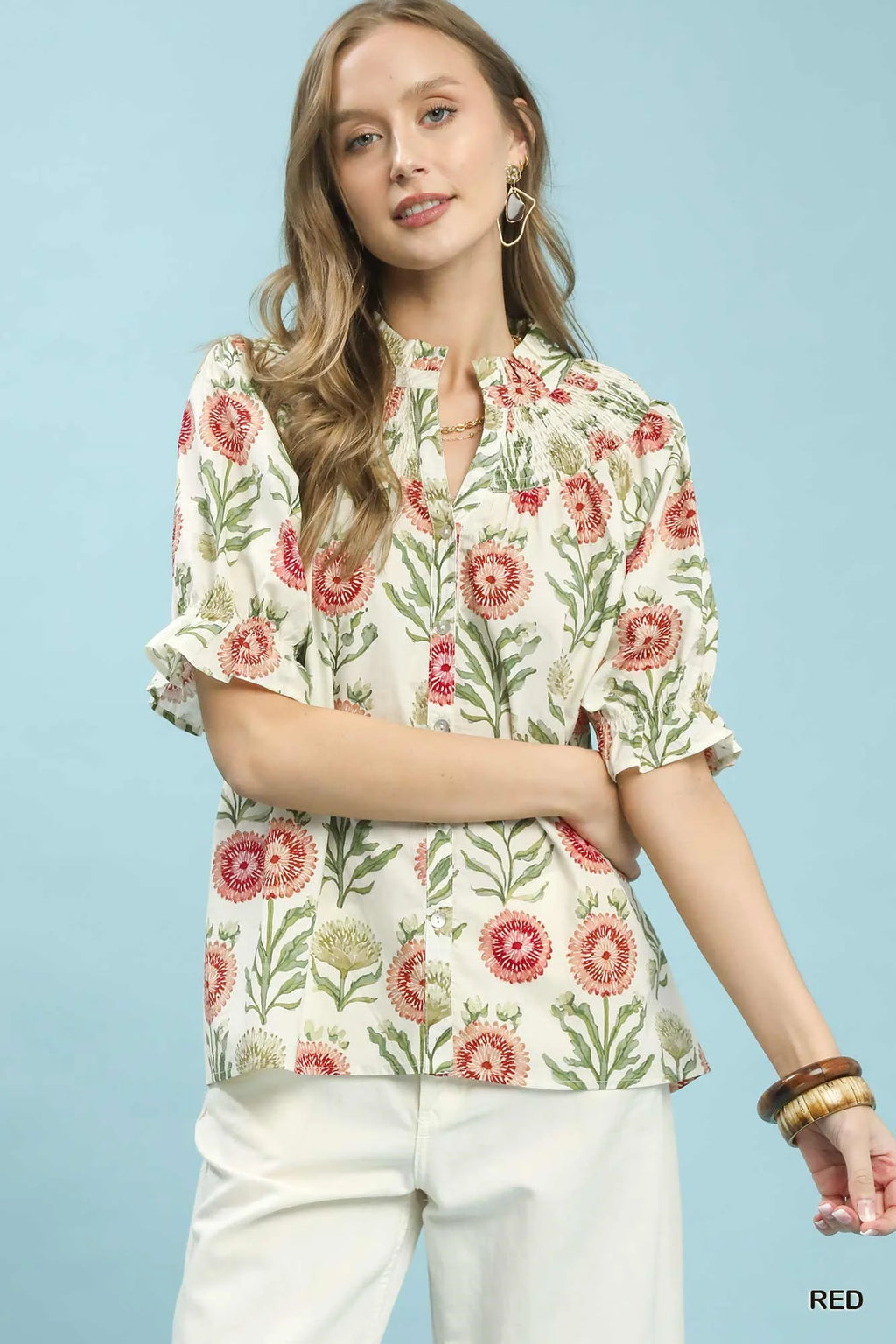 Umgee Floral Button-Front Short Sleeve Top