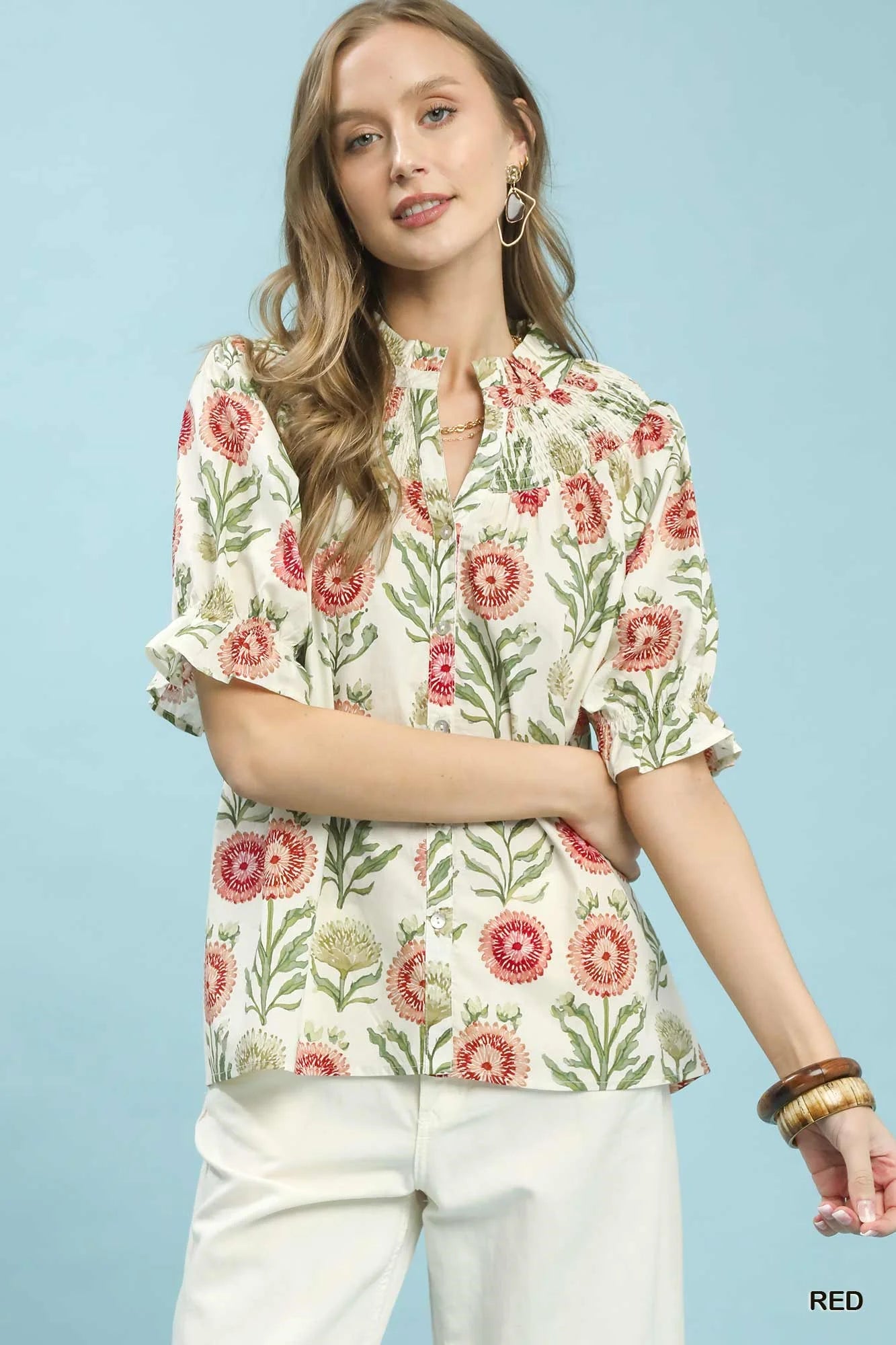 Umgee Floral Button-Front Short Sleeve Top