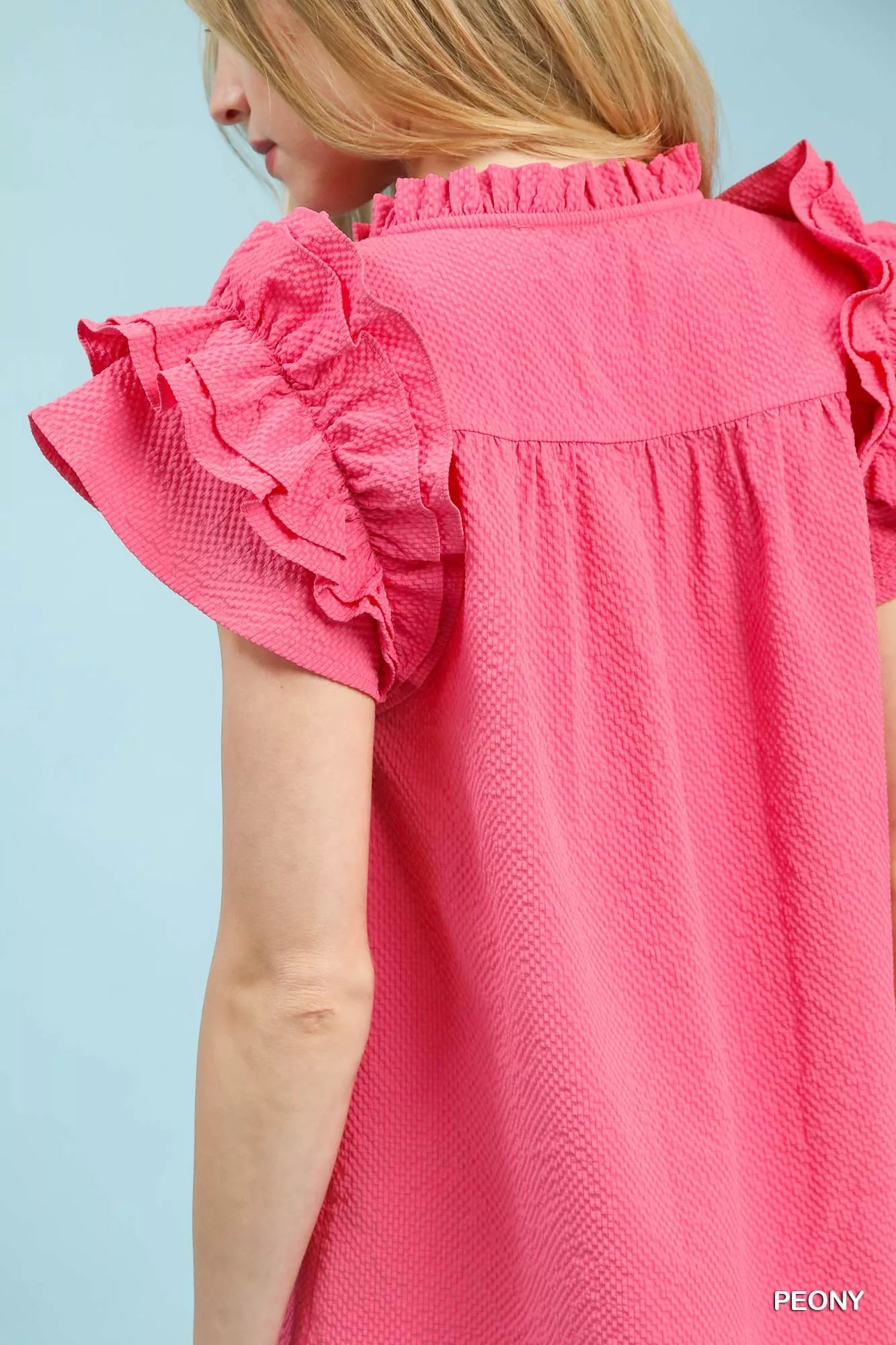 Umgee Textured Ruffle Sleeve Notched Top