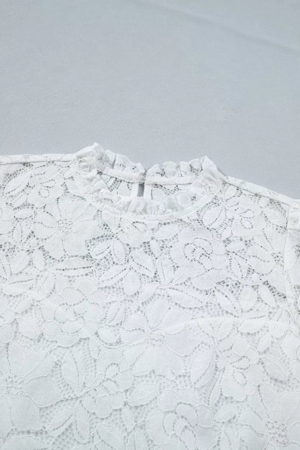 Ruffled Round Neck Long Flounce Sleeve Sheer Lace Blouse