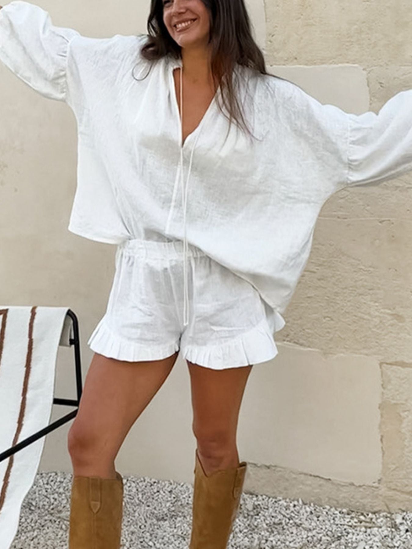 Tie Neck Balloon Sleeve Blouse and Shorts Set