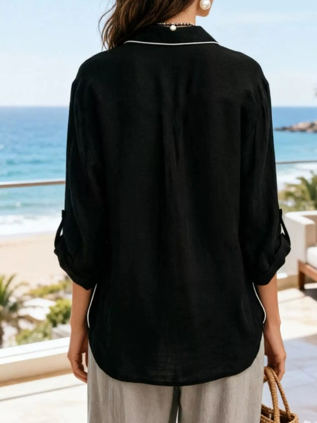 Contrast Trim Button Up Long Sleeve Shirt