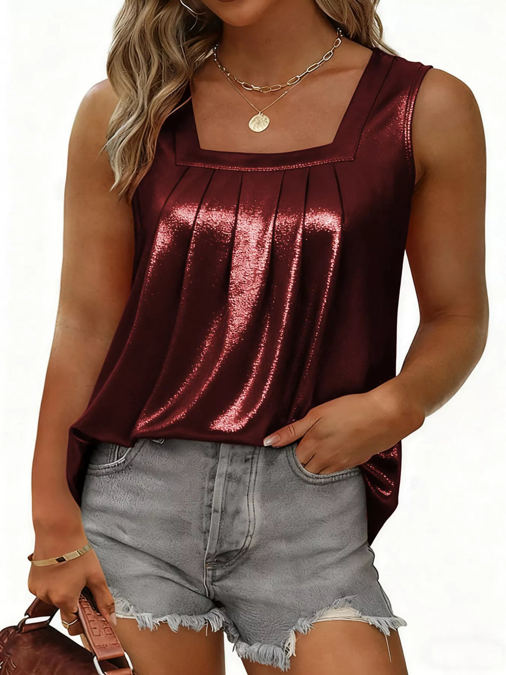 Full Size Pleated Square Neck Tank Plus Size
