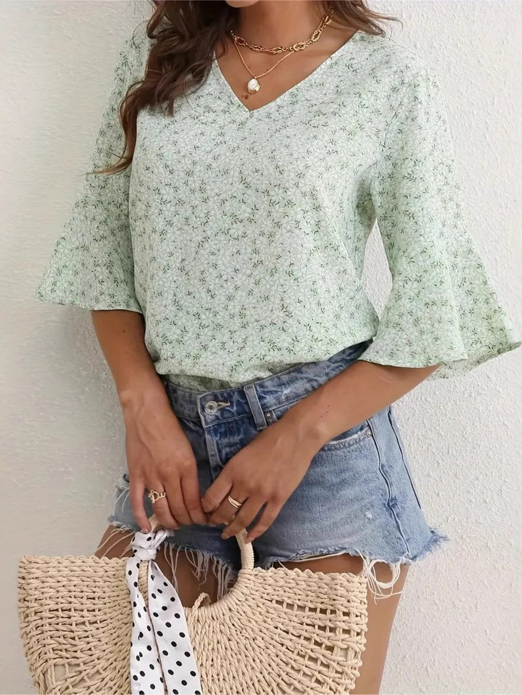 Floral Print V-Neck Bell Sleeve Blouse