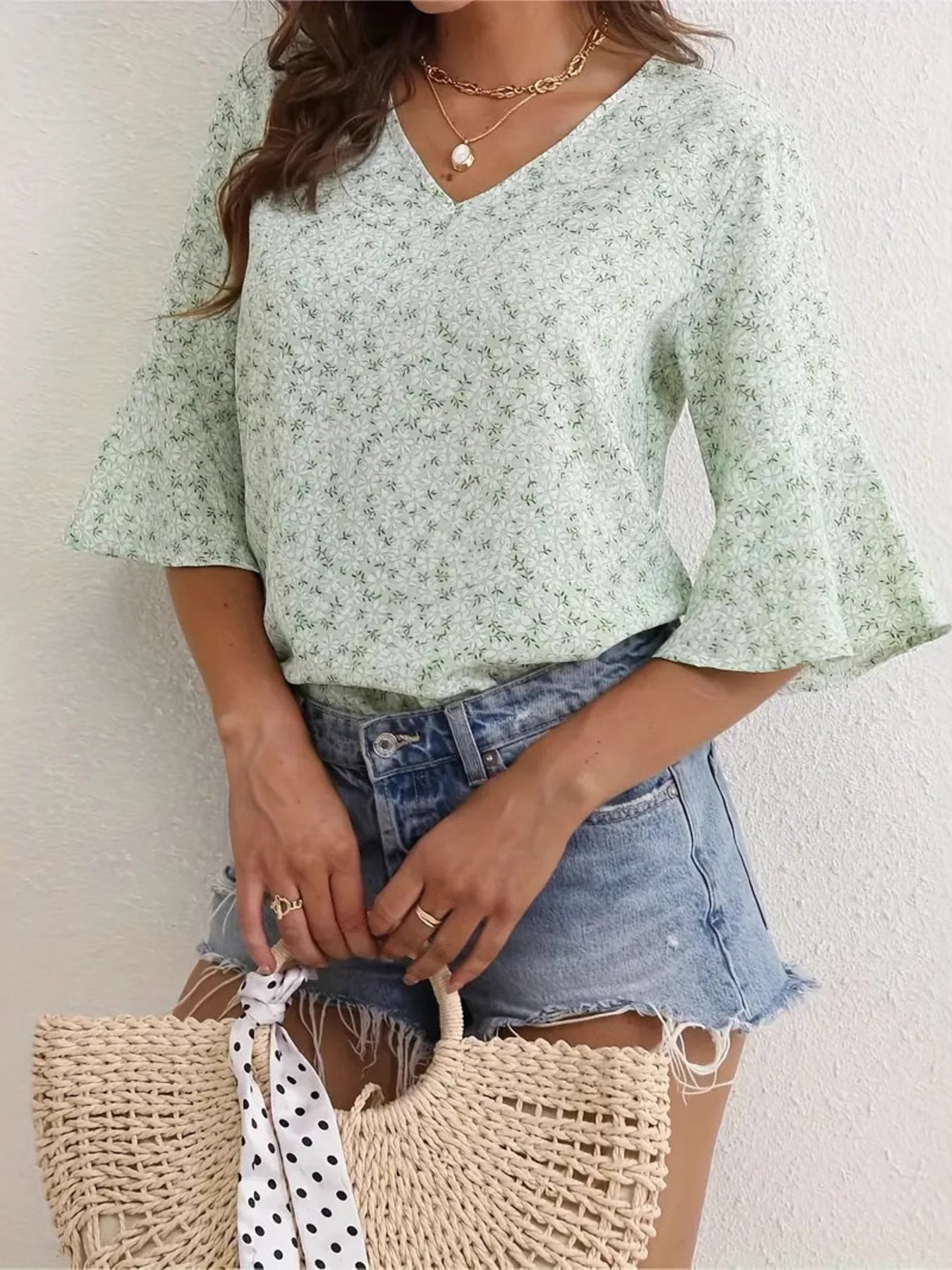 Floral Print V-Neck Bell Sleeve Blouse
