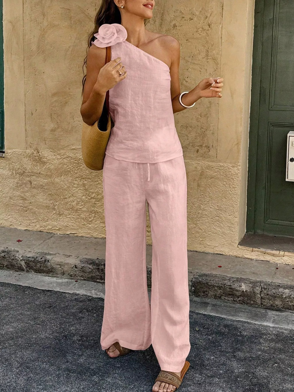 One-Shoulder Floral Embellished Top and Pants Set
