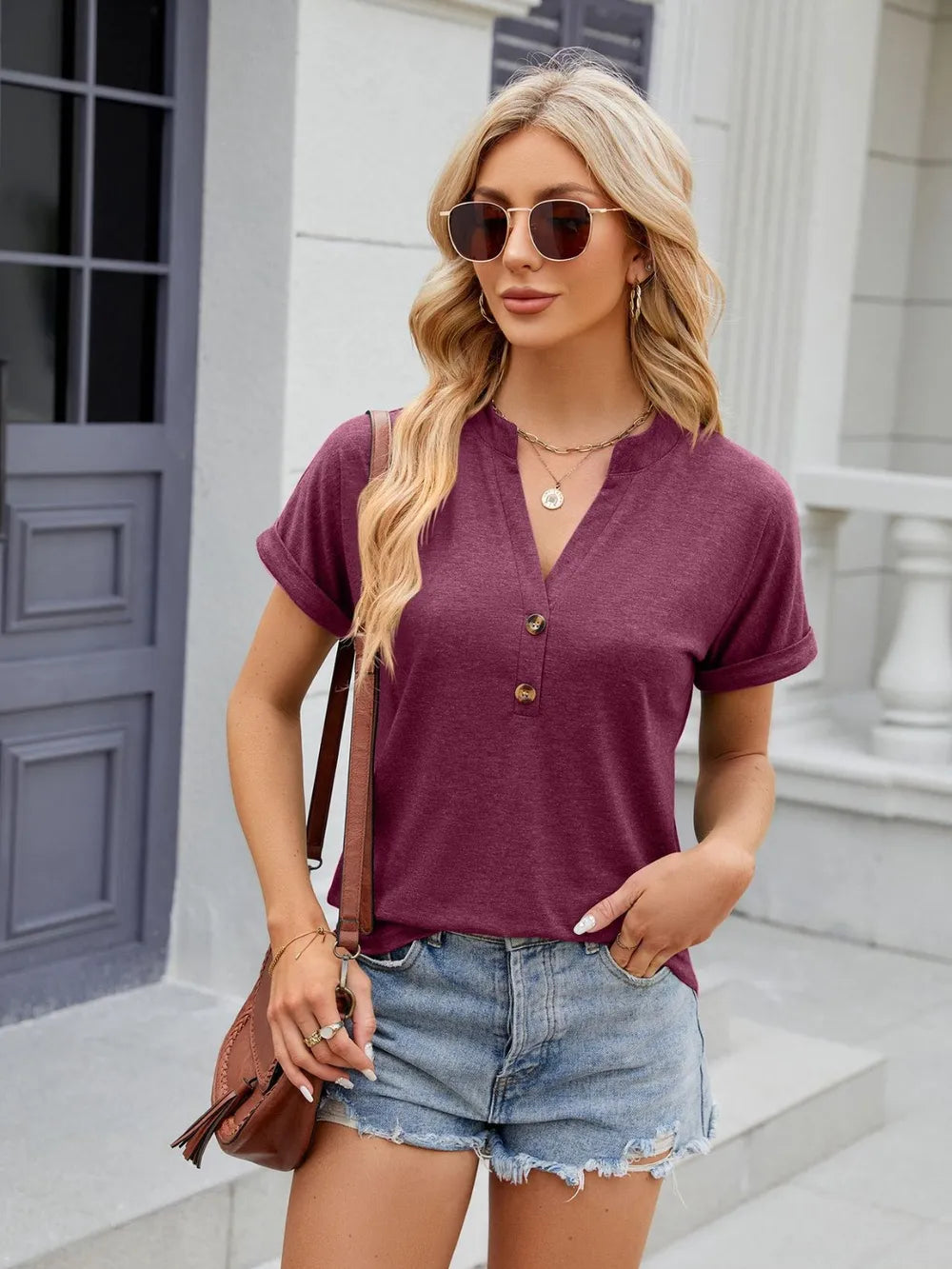 Florira Notched Short Sleeve T-Shirt
