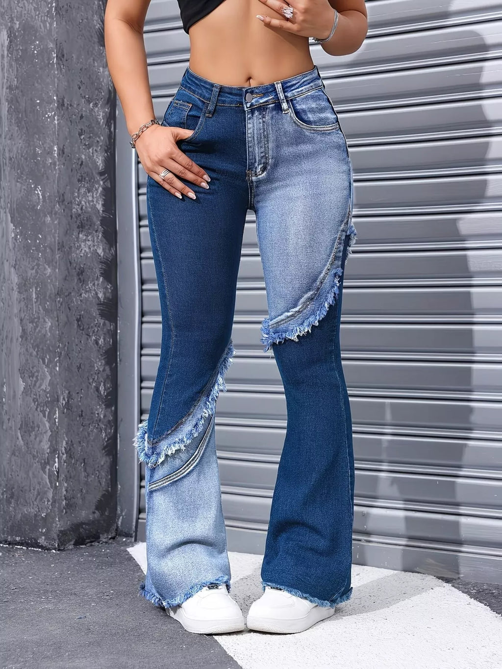 Two Tone Frayed Hem Flare Jeans